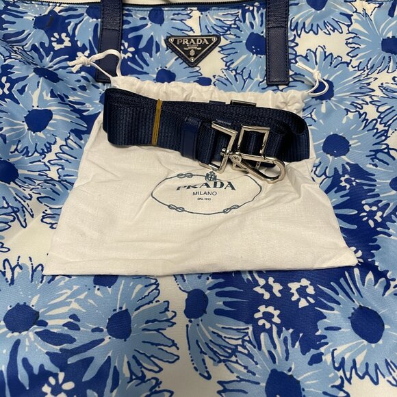 Prada Donna Shopper Tote Bag Blue Floral Nylon and Leather New - Picture 7 of 9